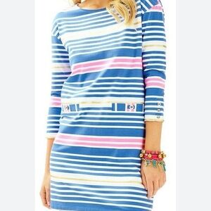 Lilly Pulitzer Lena Lapis Blue Tiki Gold Stripe French Terry Tunic Dress
